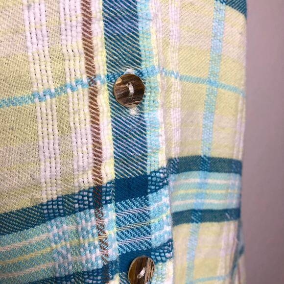 Soft Surroundings white blue yellow plaid flannel button down top size Small - Picture 6 of 15